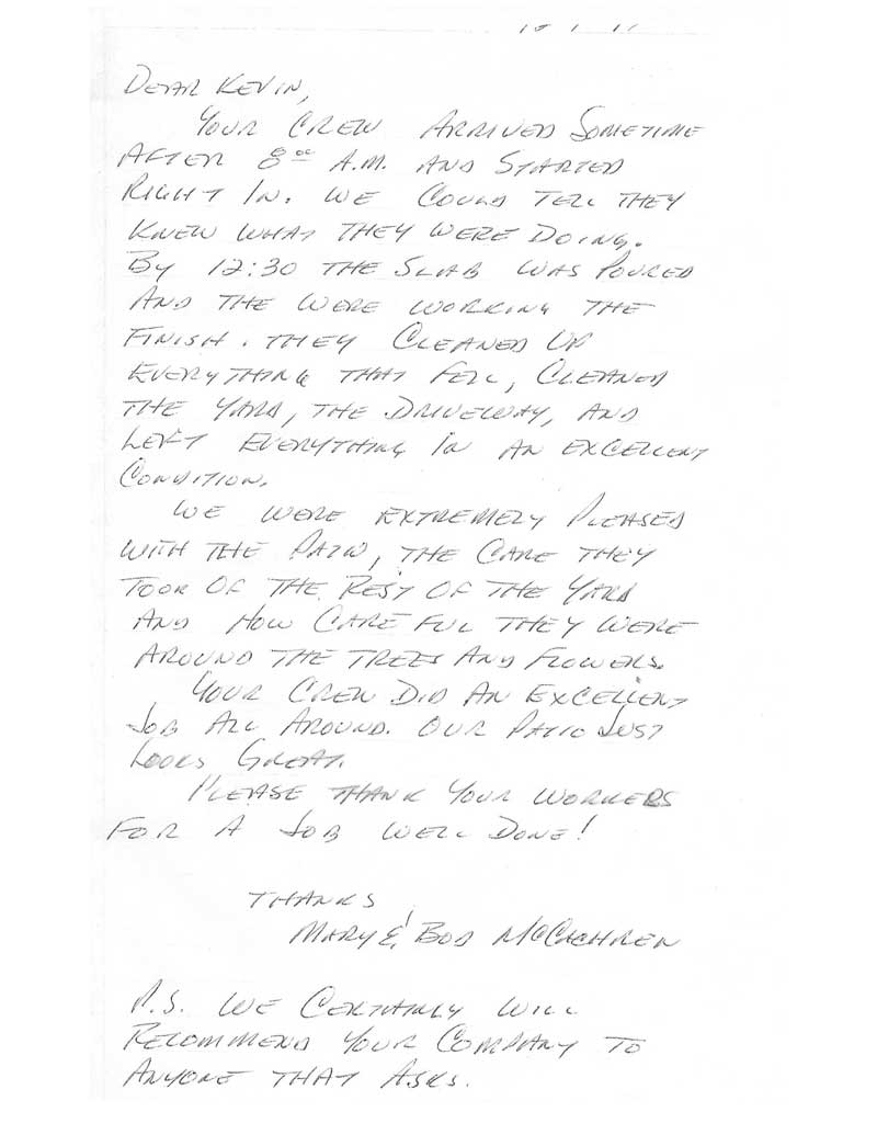 Handwritten client testimonial